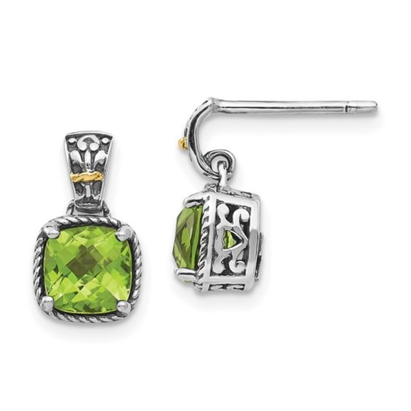 Sterling Silver w/ 14K Accent Antiqued Cushion Peridot Dangle Post Earrings - Picture 1 of 4